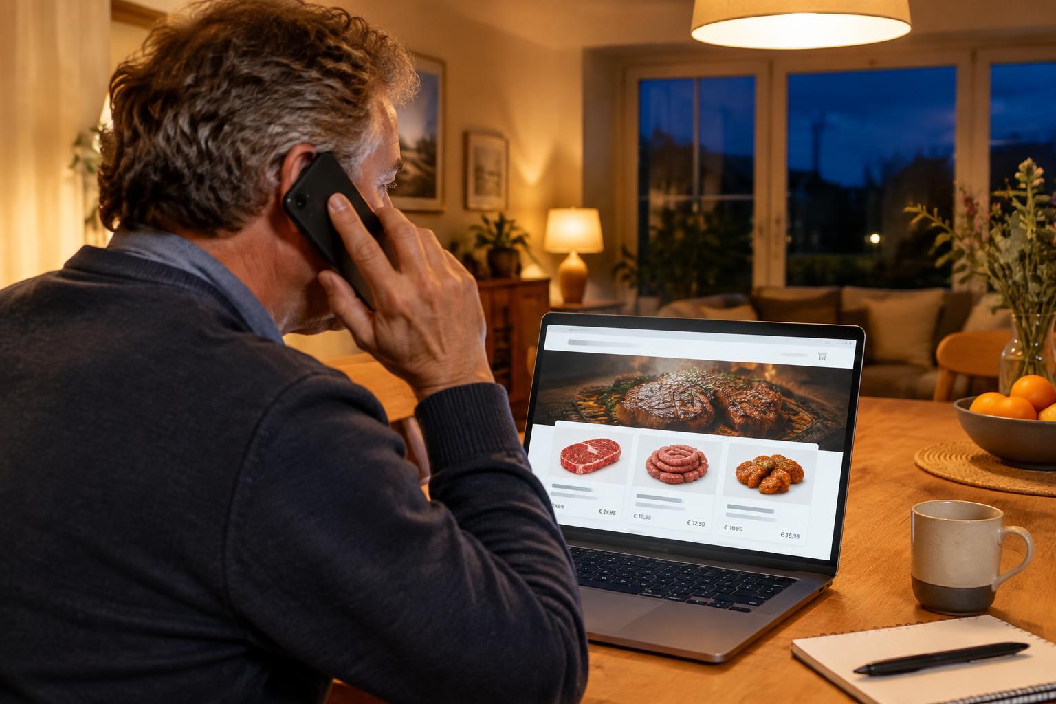 Klant bestelt 's nachts achter de laptop zijn bestelling door terwijl hij belt met de virtuele medewerker